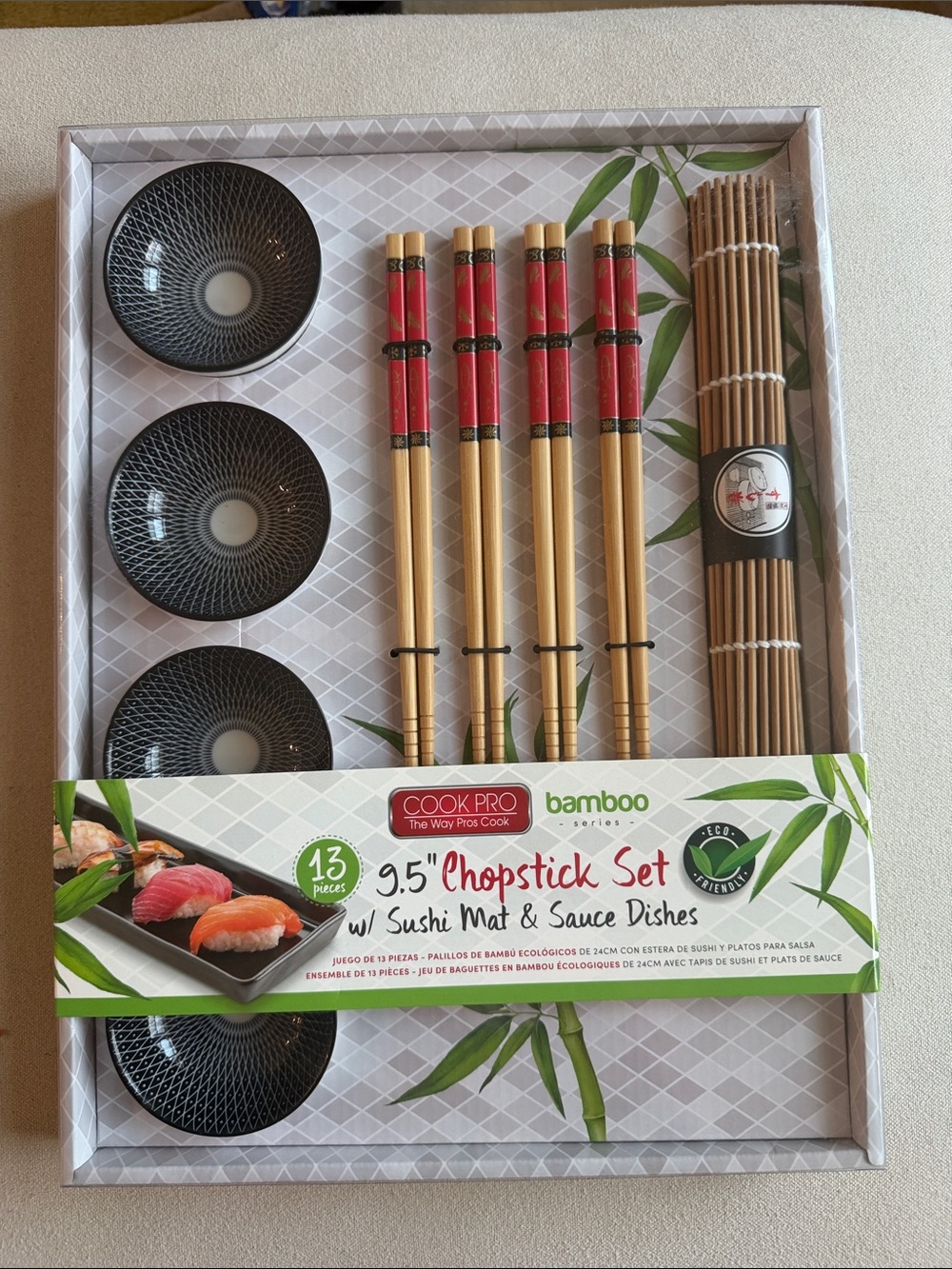 Bamboo 9.5" Chopstick Set with Red Accent & Black Sauce Dishes